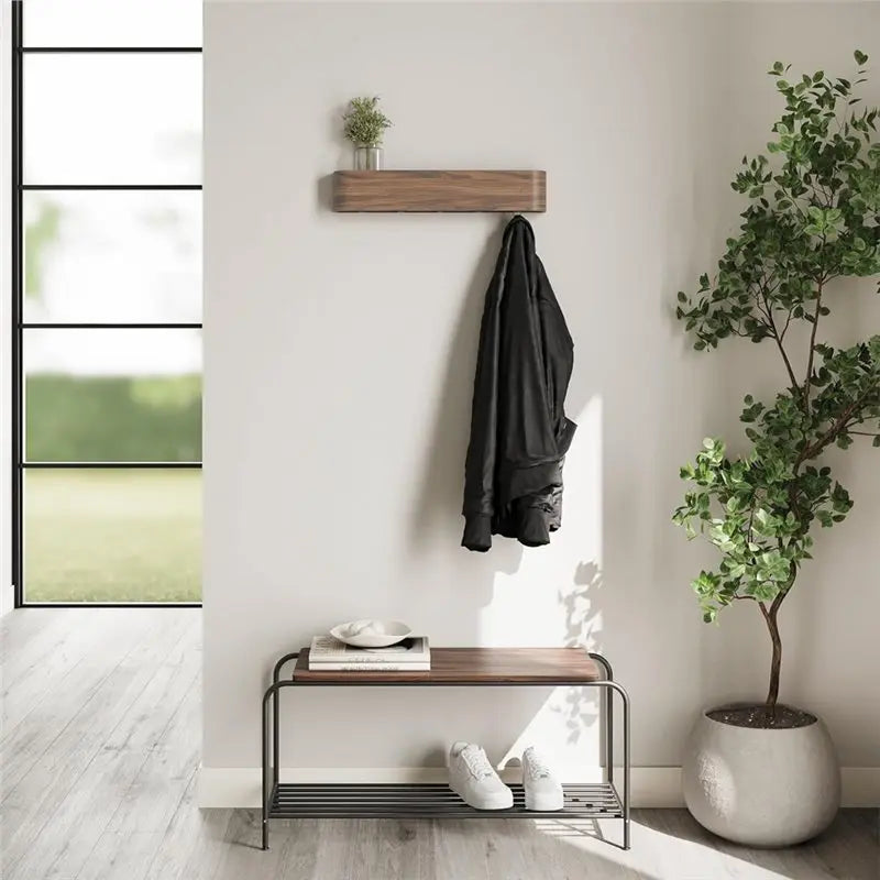 AT69 -Wall Mount Coat Rack With Hook- Modern Key Holder Wood Entryway Hooks With Shelf For Bedroom Kitchen Hallway