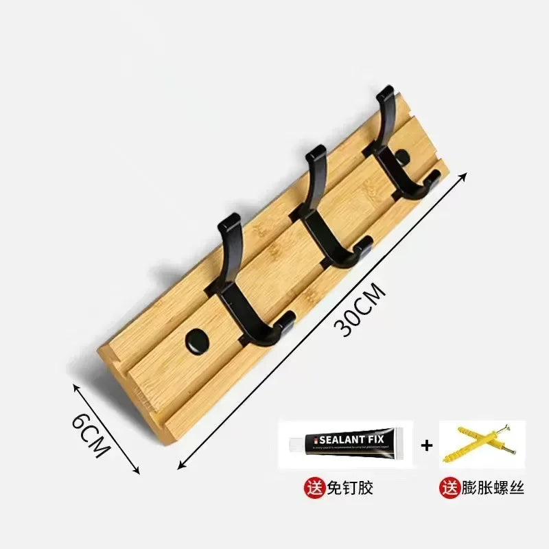 Bamboo Rack with Movable Aluminum Hooks No Need to Drill Coat Hat Clothing Hanger Wall-mounted Shelf for Bedroom Organization