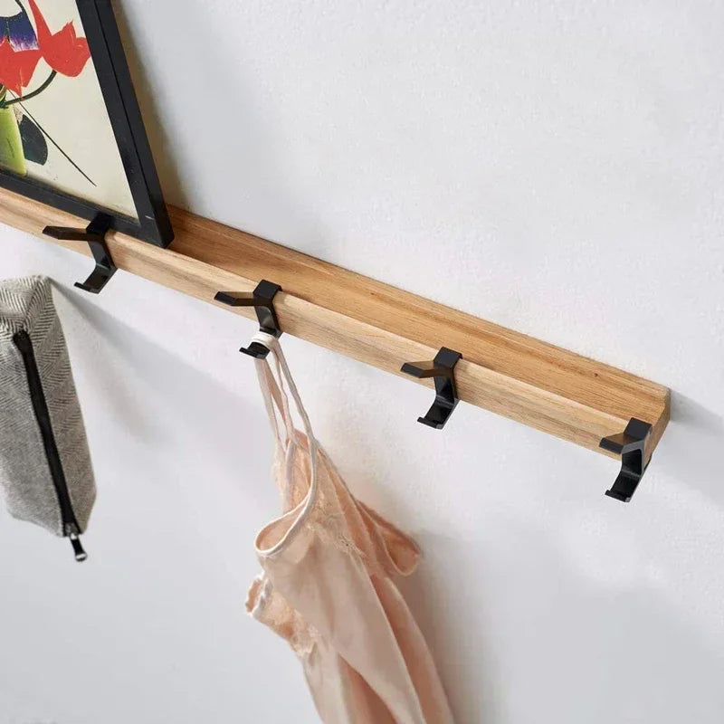 Bamboo Rack with Movable Aluminum Hooks No Need to Drill Coat Hat Clothing Hanger Wall-mounted Shelf for Bedroom Organization