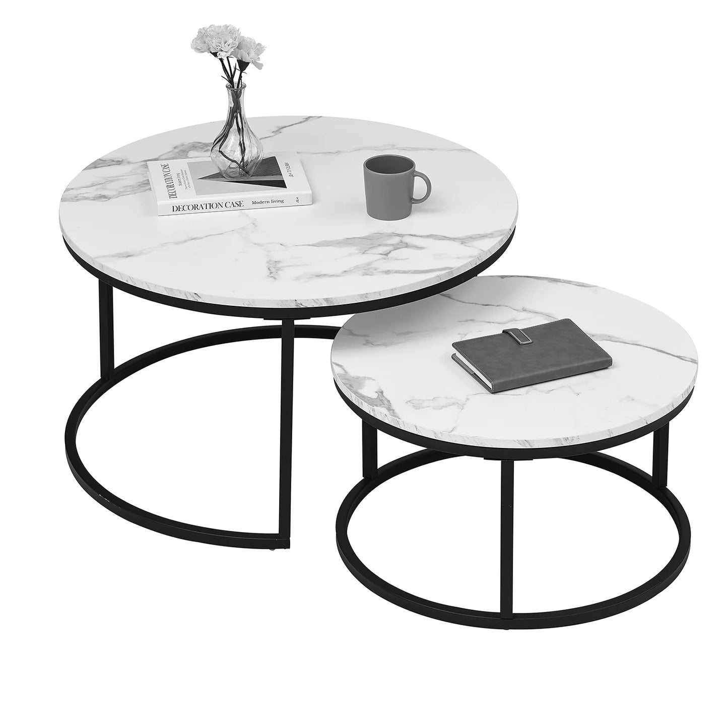 2 in 1 Marble Texture Coffee Table For Living Room Sofa Side Round Tea Desk Wooden Combination Furniture Metal Bracket Black