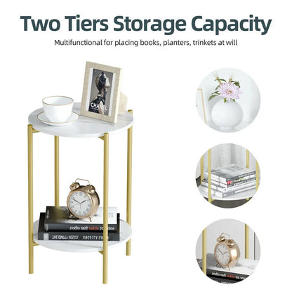 LUVODI 2-Tier Round Coffee End Tables Sofa Side Table Plant Stand with Storage Shelf Metal Frame for Living Room Bedroom