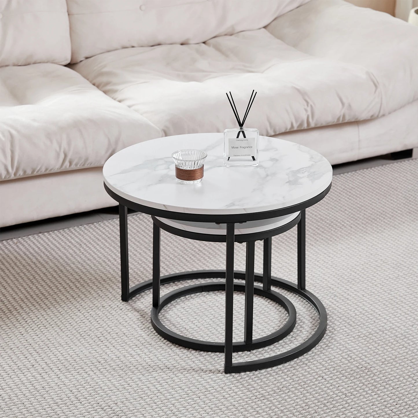 2 in 1 Marble Texture Coffee Table For Living Room Sofa Side Round Tea Desk Wooden Combination Furniture Metal Bracket Black