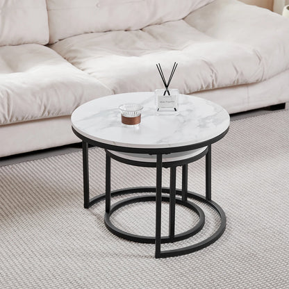 2 in 1 Marble Texture Coffee Table For Living Room Sofa Side Round Tea Desk Wooden Combination Furniture Metal Bracket Black
