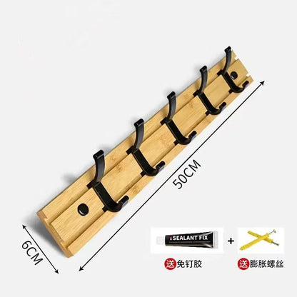 Bamboo Rack with Movable Aluminum Hooks No Need to Drill Coat Hat Clothing Hanger Wall-mounted Shelf for Bedroom Organization
