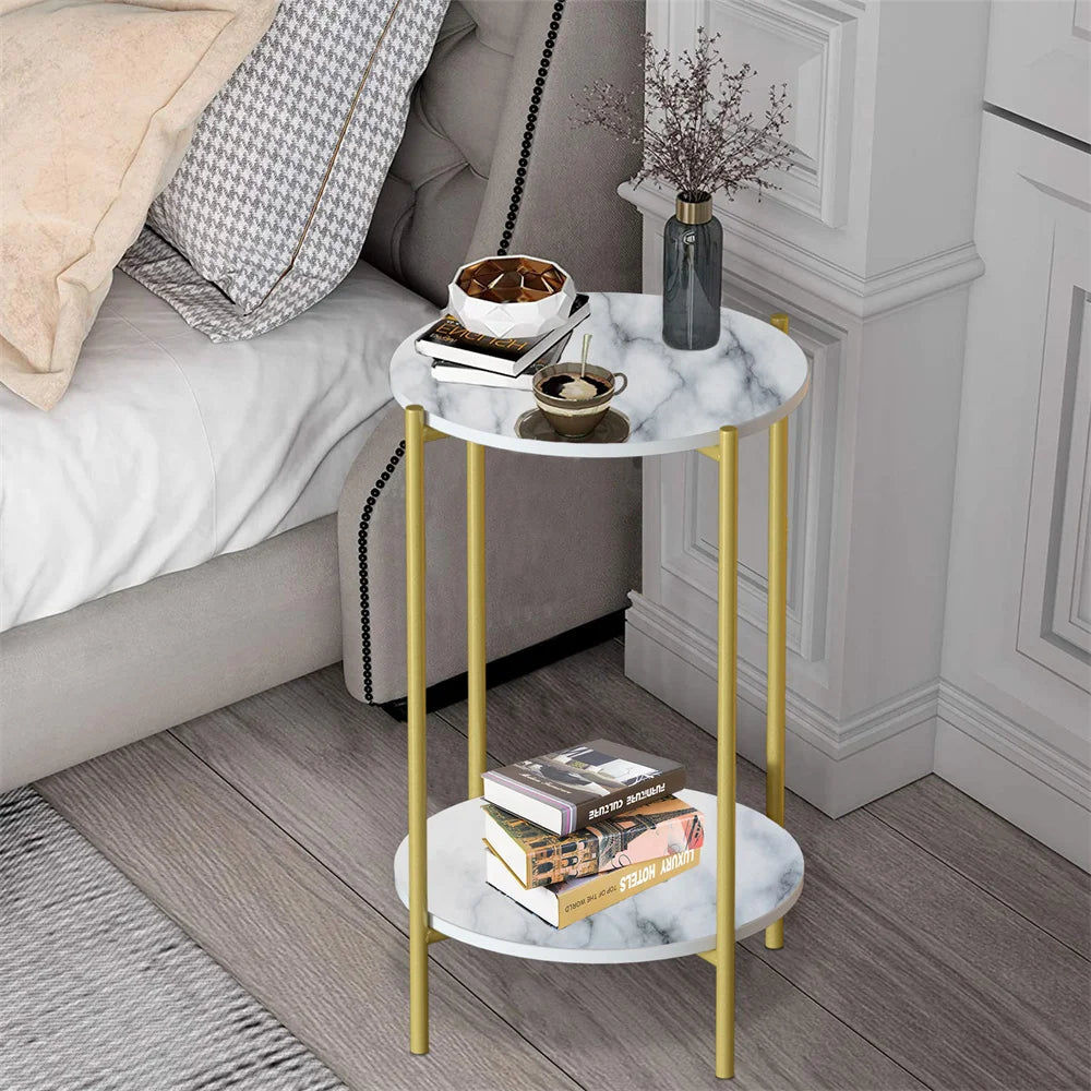 LUVODI 2-Tier Round Coffee End Tables Sofa Side Table Plant Stand with Storage Shelf Metal Frame for Living Room Bedroom