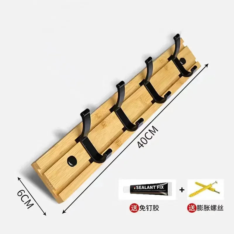 Bamboo Rack with Movable Aluminum Hooks No Need to Drill Coat Hat Clothing Hanger Wall-mounted Shelf for Bedroom Organization