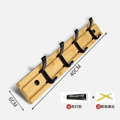 Bamboo Rack with Movable Aluminum Hooks No Need to Drill Coat Hat Clothing Hanger Wall-mounted Shelf for Bedroom Organization